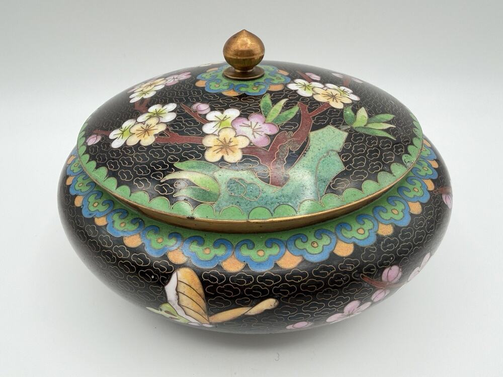 Chinese Cloisonné Lidded Bowl Hand Painted Enamel Flowers & Butterflies Vintage